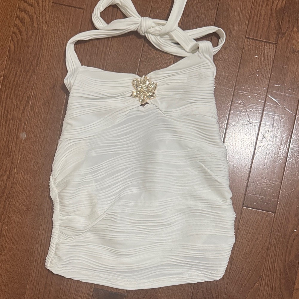 Chic White ribbed Halter Blouse with Floral charm.